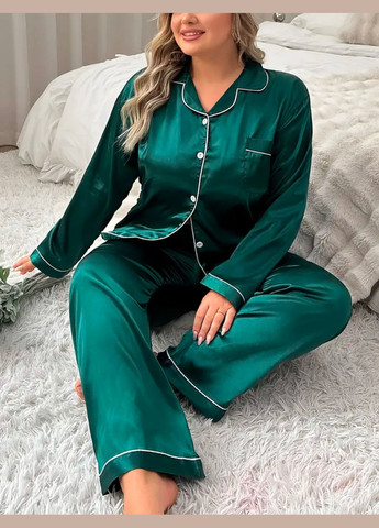 Изумрудная всесезон женская пижама изумрудная шелковая с белым кантом большие размеры (рубашка + брюки) рубашка + брюки GorLin