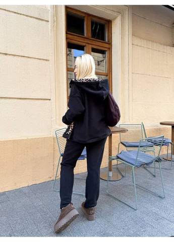 Жіночий флісовий костюм з леопардовими вставками: худі на блискавці та штани MonCher (362501251)