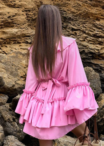 Рожева коктейльна вишукана легка літня коктейльна міні сукня в стилі бохо з поясом в комплекті та воланами Allthings однотонна