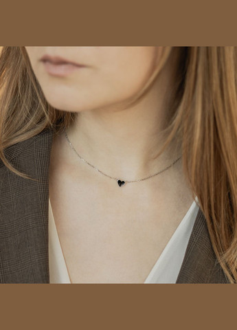 Кольє срібне маленьке Сердечко тонкому на ланцюжку з чорною емаллю Каштан (342335168)