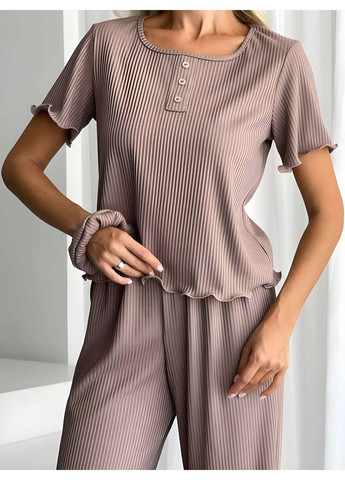 Кавова жіноча зручна домашня піжама домашній комплект футболка і широкі штани рубчик сірий Україна