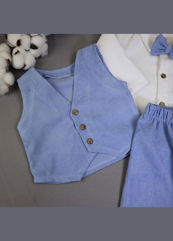 Вельветовый костюм для мальчика: голубие брюки, белая рубашка и бабочка+жилетка | На годик, крестины No Brand (328439940)