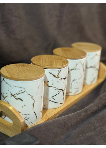 Набор банок для сыпучих продуктов HP1209-5 на бамбуковой подставке 300 мл 5 предметов Белый Yiwu (360648158)