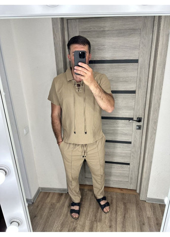 Темно-бежевый демисезонный мужской льняной костюм оливкового цвета New Trend