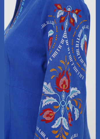 Синя коротка сукня-вишиванка з льону з довгими вишитими квітами рукавами весна., р., код 0466/54/1283 ГАЛЕРЕЯ ЛЬОНУ