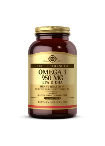 Комплекс жирних кислот Triple Strength Omega-3 950 mg - 100 softgels Solgar (288677399)