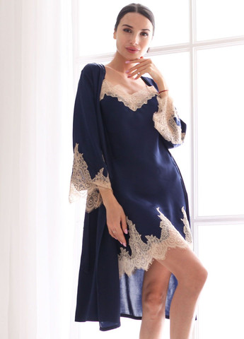 Комплект халат и рубашка комбинация шелк Мадейра L Синий Silk Kiss (285716693)