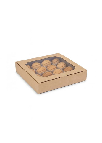 Коробка для 16 конфет орешков сладостей зефира, макаронс тарталеток 185×185×35 мм, крафт, с прозрачным окошком Vals (360801491)