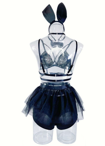 Чорний демісезонний комплект білизни black heart для рольових ігор вушка бюстгальтер спідничка трусики-шортики No Brand Комплект для рольових ігор Black Heart (зайка) чорний