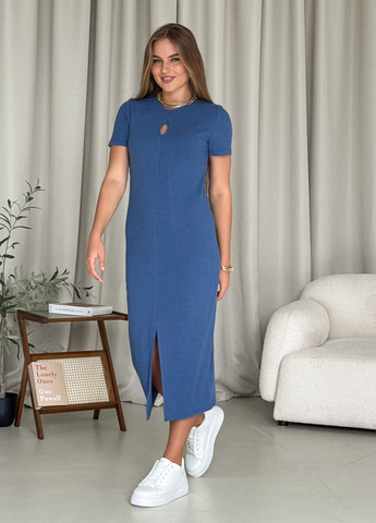 Синя пляжна, повсякденний, кежуал літня довга вільна сукня-футболка в рубчик з розрізом спереду сукня-футболка Merlini однотонна