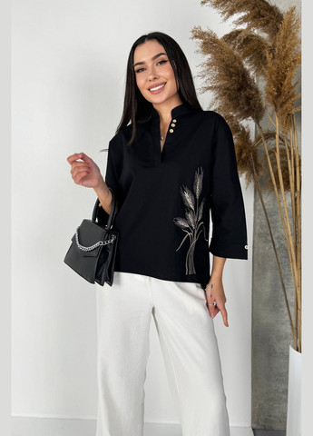 Чорна трендова вільна сорочка з дизайнерською вишивкою колоски INNOE Блуза