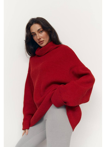 Червоний зимовий жіночий подовжений светр оверсайз з високою горловиною MonCher