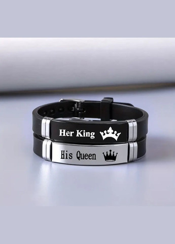 Парные браслеты каучуковые для влюбленных с металлической вставкой Король и Королева, нержавеющая сталь HIS (311222501)