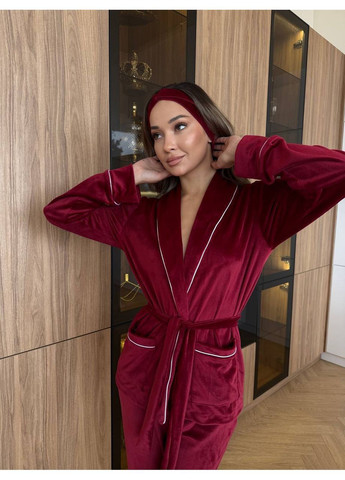 Бордова піжама 066 з повʼязкою велюр з кантом,кофта з поясом та штани Україна