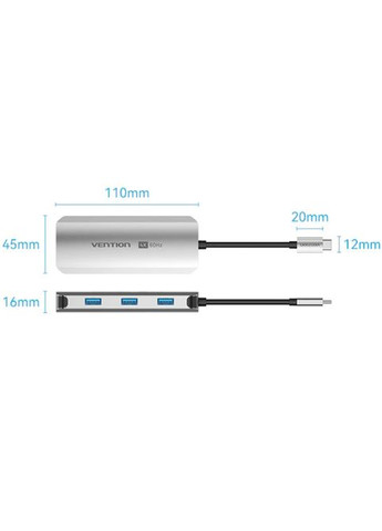 Докстанция USB3.1 Type-C --> HDMI 4K60Hz/USB 3.0x3/PD 100W 5-in-1 Vention (315504454)