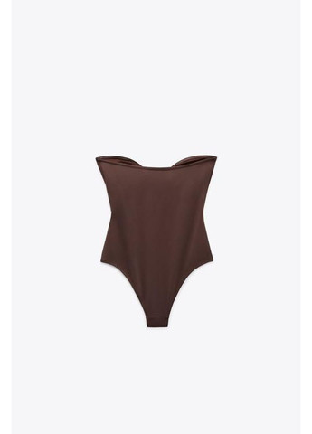 Коричневый летний купальник с бусинами и открытыми плечами Zara