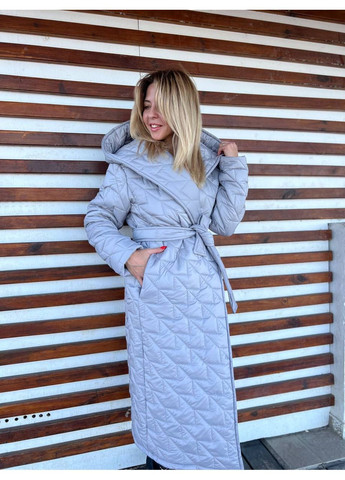 Сіре демісезонне Довге тепле жіноче пальто з капюшоном Україна