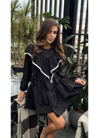 Черное праздничный женское трендовое платье с кружевной отделкой (замеры в описании) силуэтная GD/GL Модний простір однотонное