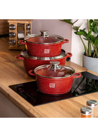 Набір із трьох алюмінієвих каструль із товстим дном та кришками з антипригарним покриттям HP-4-408 MGC (370801805)