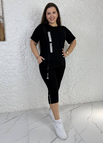 Базовый повседневный легкий летний костюм двойка: футболка с молнией сбоку и репсовой лентой + бриджи Tik-Tak (340163818)