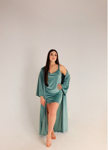 Жіночий Комплект халат+нічна сорочка з велюру (мінтол) No Brand 0044 (324026886)