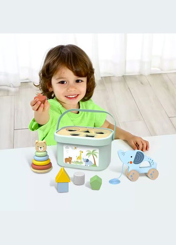 Розвиваючий набір 3в1 Дерев'яна каталка слоник - Сортер з фігурами - Пірамідка неваляшка Tooky toy (304625536)