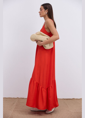 Червона довге літнє плаття червоне з фігурним воланом внизу Arjen