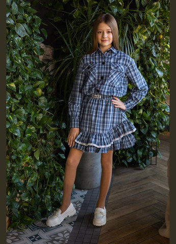 Синій демісезонний комплект (сорочка, спідниця) підлітковий спідничний, з сорочкою IRmAS