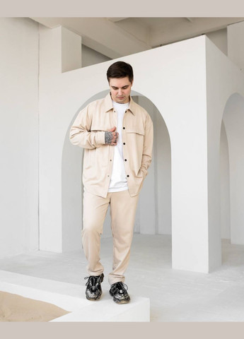 Светло-бежевый демисезонный стильный базовый замшевый костюм брючный Vakko