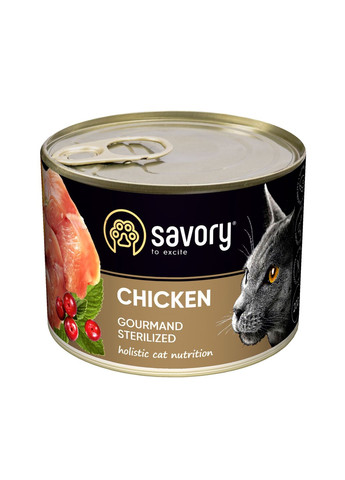 Влажный корм с курицей Sterilised Chicken Сейвори консерва для стерилизованных кошек 200 г (4820232630754) Savory (362700837)