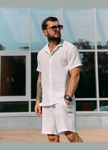 Белый летний стильный мужской костюм рубашка+шорты черный Freedom