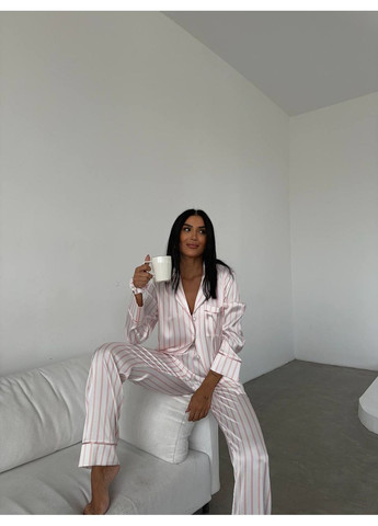 Біла всесезон жіноча піжама | біла з смужкою сорочка + брюки Vital-Textile 1264