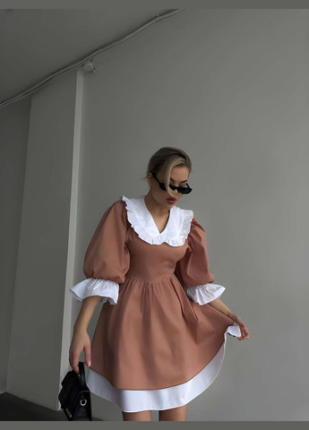 Кавова святковий, коктейльна, повсякденний, кежуал, вечірня жіноча укорочена коротка зелена міні сукня з білим комірцем в стилі baby doll Україна