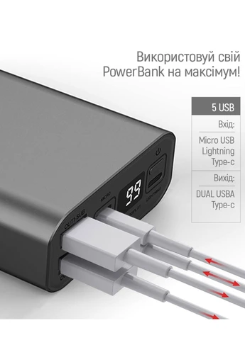Павер банк на 20000 mAh 22.5W с быстрой зарядкой Quick charge 3.0 + Power Delivery серый Colorway Full (360543528)