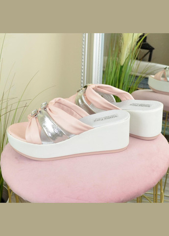 Цветные женские кожаные шлепанцы на танкетке. цвет пудра/серебро. 37 размер Vasha para