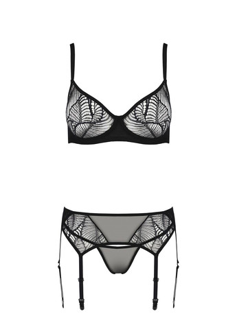 Комбинированный демисезонный комплект leafa set black, xxl/xxxl, кружево+сетка, бюстгальтер на косточках, стринги, пояс для чулок Passion