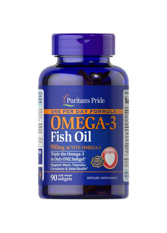 Жирные кислоты One Per Day Omega 3 Fish Oil 950 mg, 90 капсул Puritans Pride (293339215)