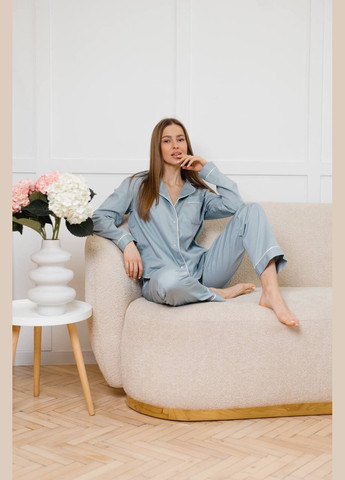 Голубая классическая пижама из натуральной ткани брюки и рубашка Shine