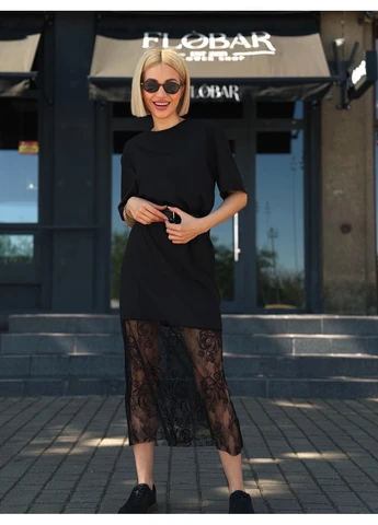 Чорна ефектна довга сукня з мереживом Fashion