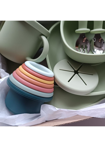 Силиконовая посуда для прикорма малыша для мальчика 8в1 - комплект на присосках Оливка (0311) No Brand (370439309)