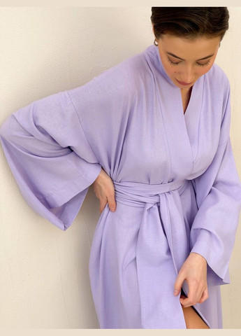 Лавандовое пляжное, повседневный, домашнее, кэжуал стильное платье-кимоно из льна на запах Vakko однотонное