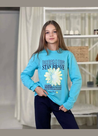 Блакитна утеплена піжама для дівчинки підліткова (кофта та штани) з принтом hc (h001-6076-023-33-2) No Brand