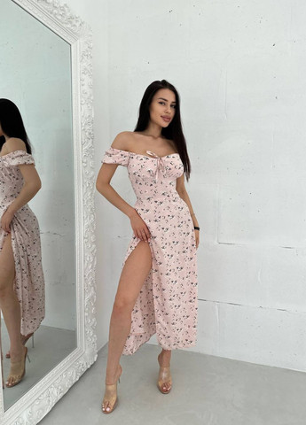 Пудровое повседневный платье макси с разрезом на ножке а-силуэт Tik-Tak в горошек