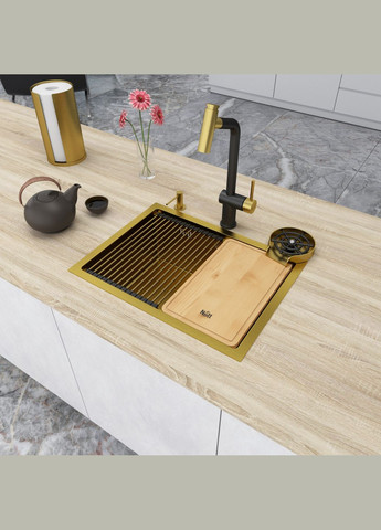 Золота мийка під стільницю з нержавійки кухонна станція NG-5742 Nett (336937113)