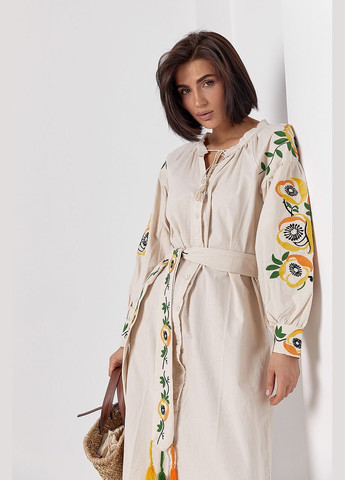 Бежевое вышитое хлопковое платье на пуговицах Lurex