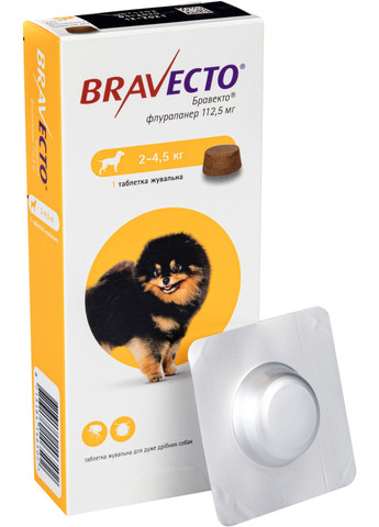 Жевательная таблетка (Бравекто) от блох и клещей для собак 2 4.5 кг (8713184146502 / 8713184139276) Bravecto (279572545)