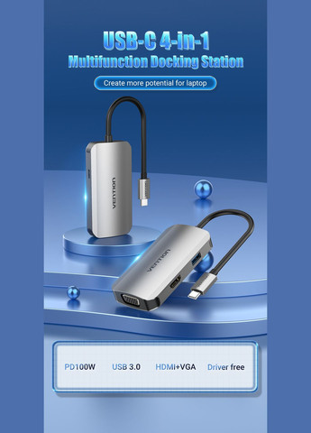 Док-станція USB3.1 Type-C --> HDMI/VGA/USB 3.0/PD 100W Hub 4-in-1 Vention (372625278)