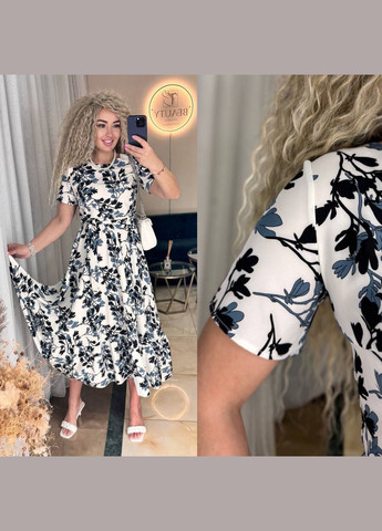 Білий сукня софт весна-літо з пояском та принтом No Brand