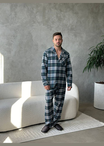 Чоловіча піжама в клітинку сіро-зеленого кольору No Brand (322168604)