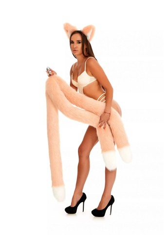 Анальний потрійний хутряний хвіст без пробки, Персиковий з білим кінчиком, 100 см. OKOVA (315148821)